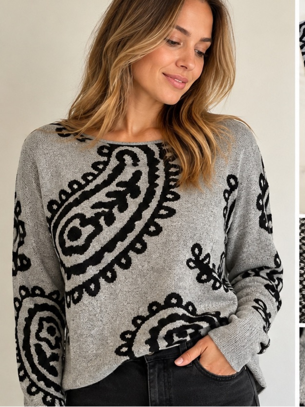 Bellini Grey & Black Paisley Knit Sweater – Size M